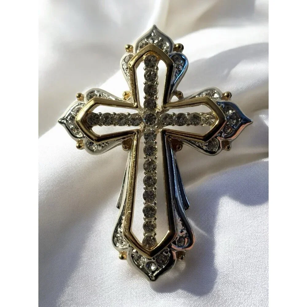 Napier Cross Brooch Pin Gold & Silver Tone Clear Rhinestones Open Work Religious